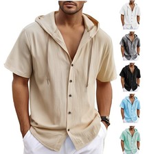 Mens Linen Shirt Short Sleeve Hooded Casual Loose Summer Beach Lightweight Jacke