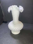 Vintage Fenton White Milk Glass Vase Hobnail Ruffled Double Crimped 10.5" Tall