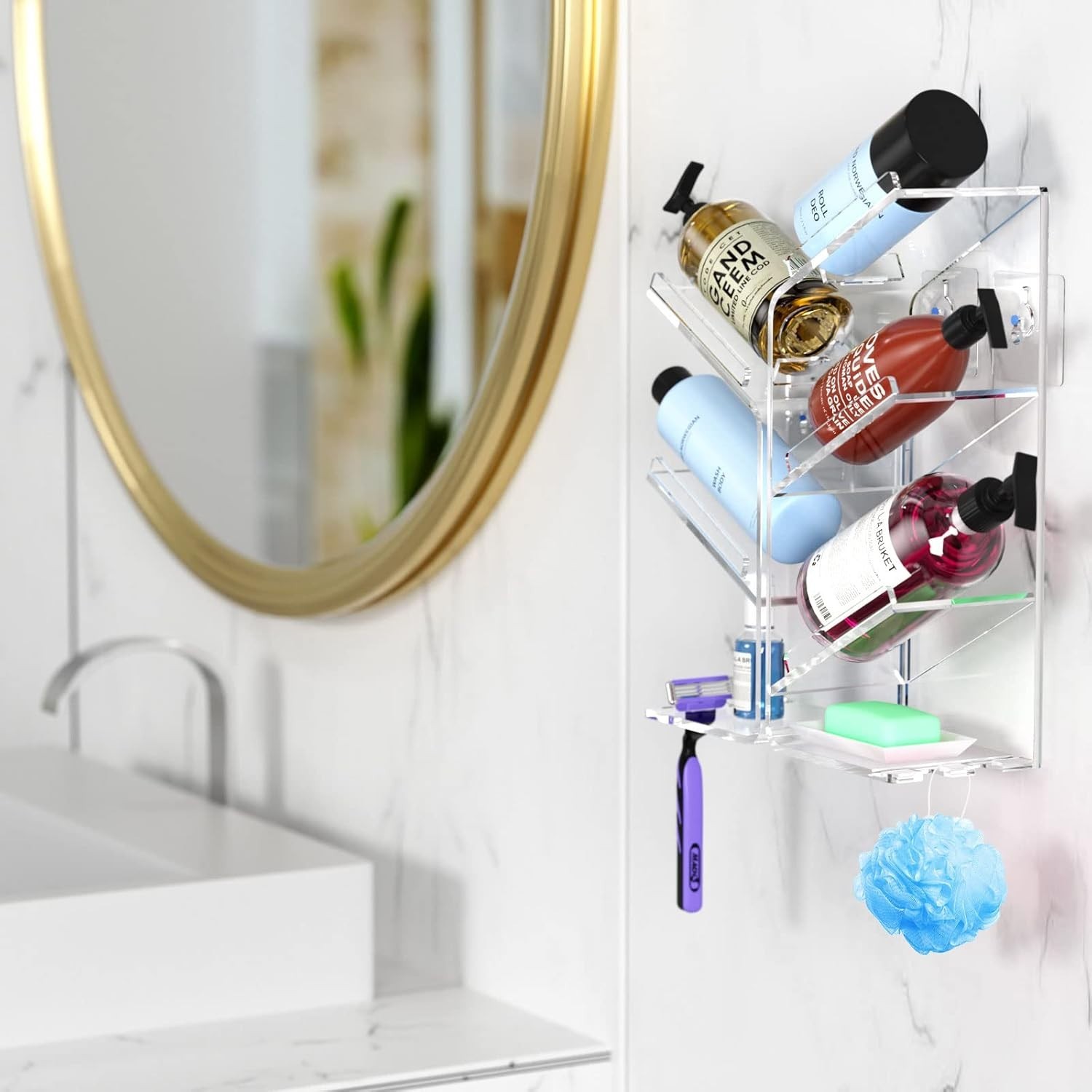 Clear Acrylic Bathroom Organizer with 6 Compartments - No Drilling Required