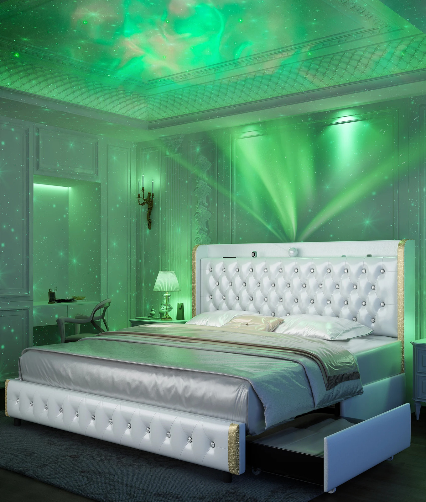 With Galaxy Projector, Bluetooth Speaker, Usb Ports, 4 Drawers