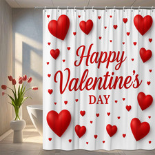 Happy Valentine's Day Shower Curtain with Red Hearts on White