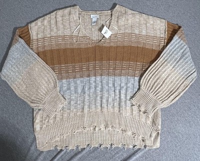 rue21 Sweater Womens Large Colorblock Beige Brown Gray V Neck Distressed Ribbed