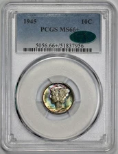 1945 Mercury 10c Silver Dime PCGS MS 66+ CAC Approved Incredible Rainbow Toning