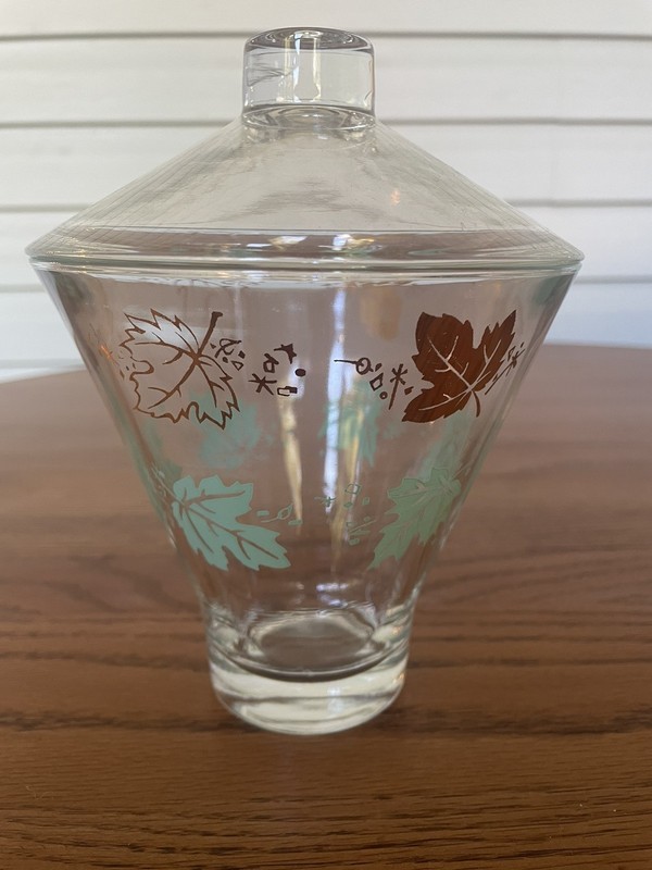 Vintage Hazel Atlas MCM Glass Candy Jar Fall Leaves Gold Turquoise With Lid