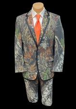 Men's Mossy Oak Camouflage Tuxedo Jacket  Pants Flat Front Satin Trim 40R 34W