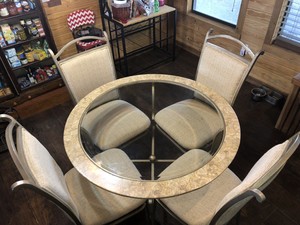 Dining Table Set Round Glass Top Faux Marble Edge Metal Legs W 4 Chairs Vintage Ebay