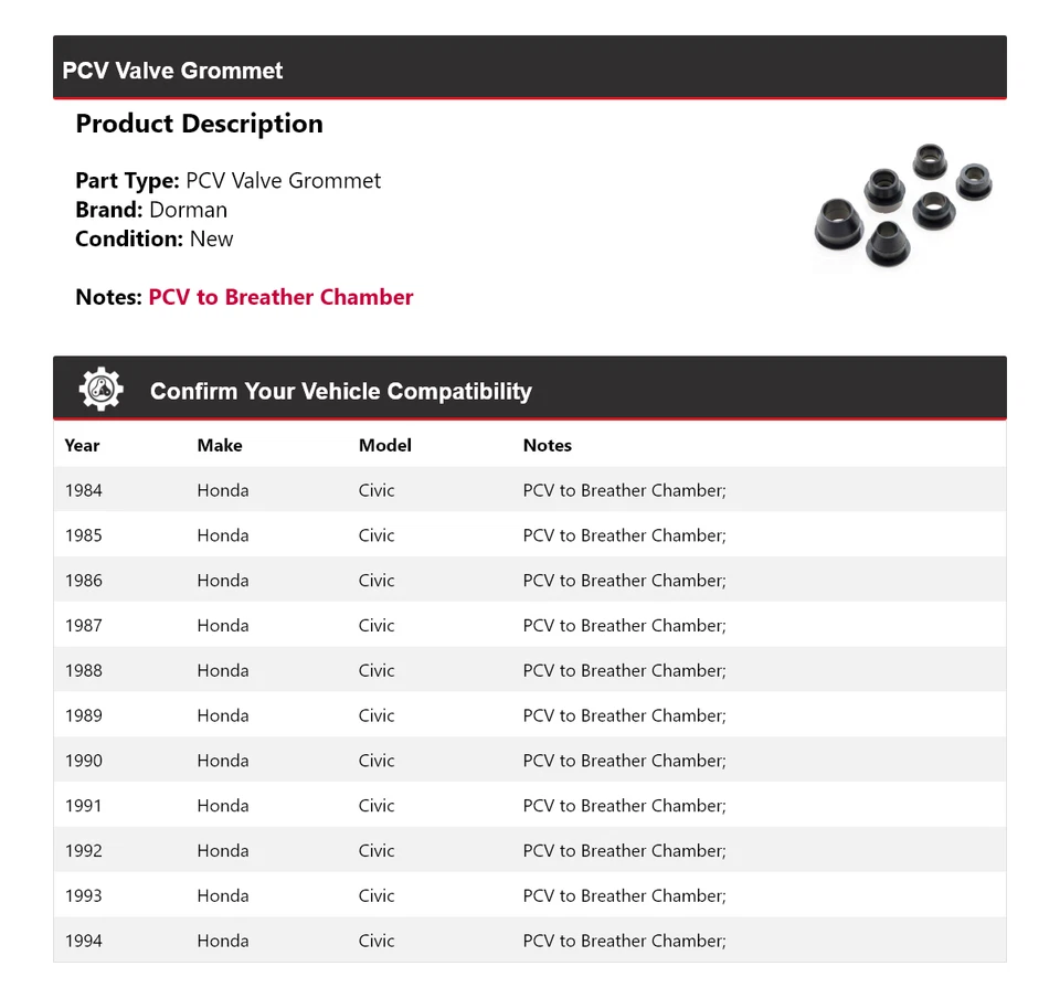Para 1984-1994 Honda Civic Dorman PCV válvula ilhó 1985 1986 1987 1988 1989 1990 - Imagem 2 de 4