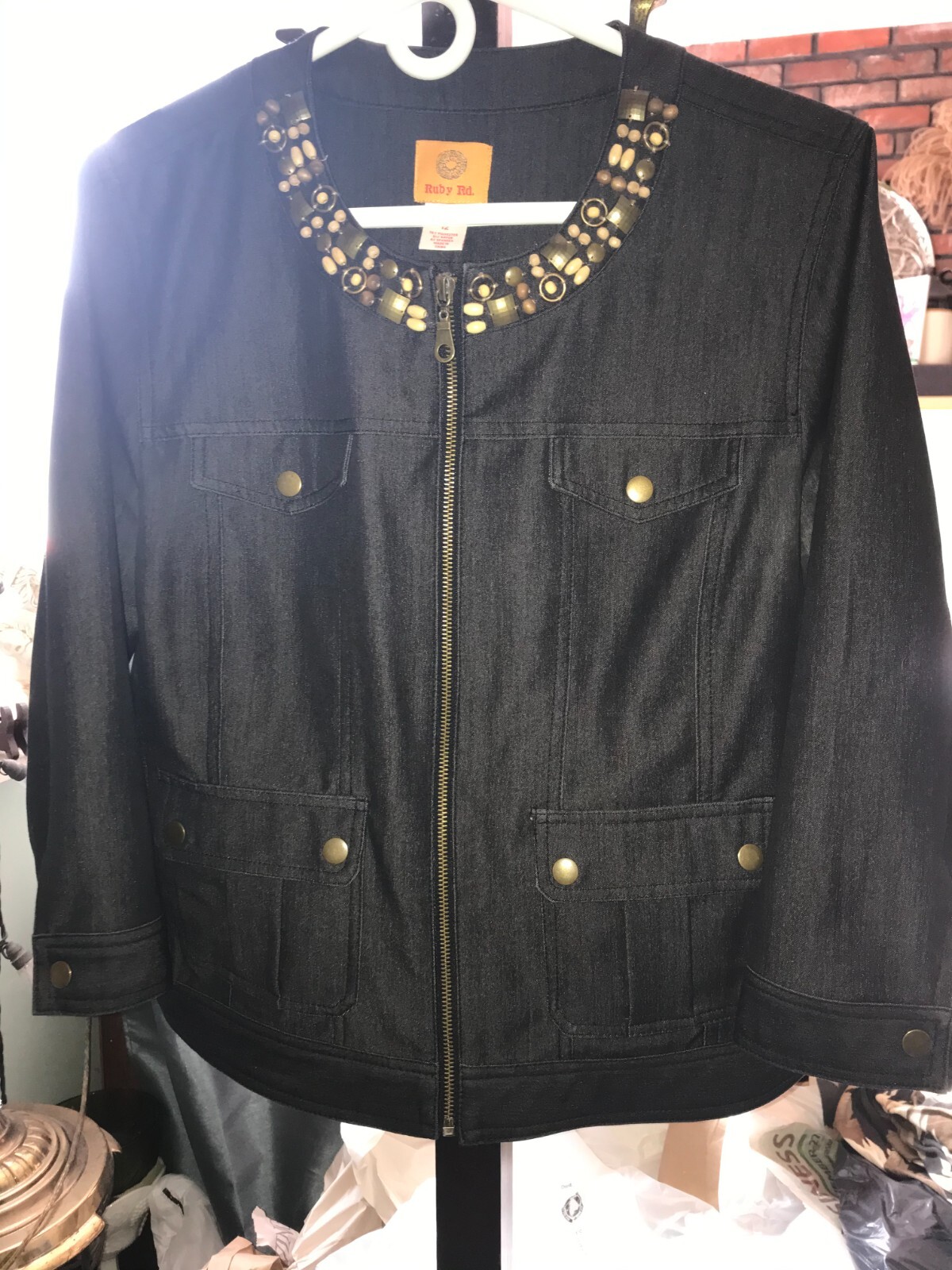 RUBY RED Black Jean DENIM JACKET Embellished BEAD… - image 1