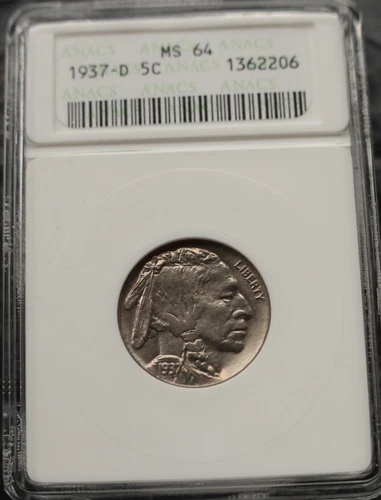 KAPPYSCOINS  GH185  1937D  ANACS MS64 GEM BU   SHARP FULL HORN BUFFALO NICKEL