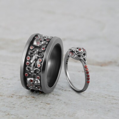 Skull Wedding Ring Set Gothic Matching Couple Fleur De Lis Gun Metal Fn  Silver