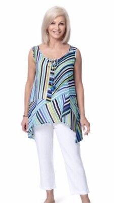 EAST SCHÖNE GESTREIFTE MEHRFARBIGE LIMETTE/BLAU/TÜRKIS BLUSE TOP GRÖßE UK 14 16.