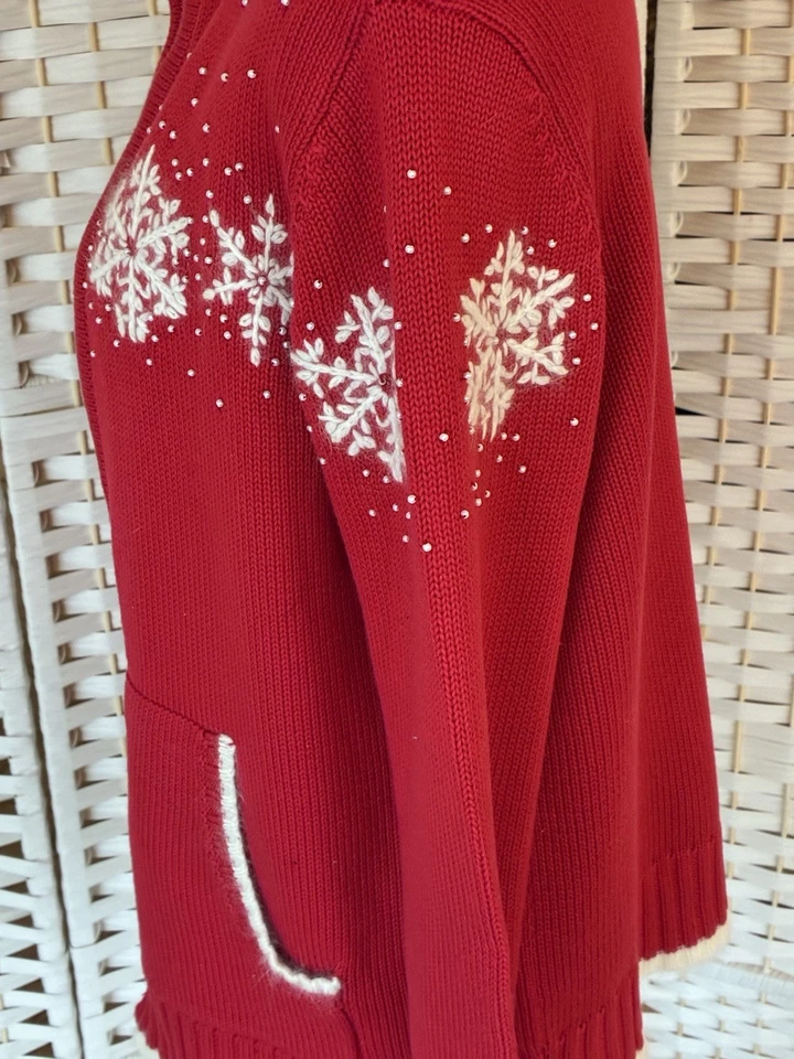 Quacker Factory Zip Front Snowflake Tipped Cardigan Sweater Red White Women's M - Image 4 of 4