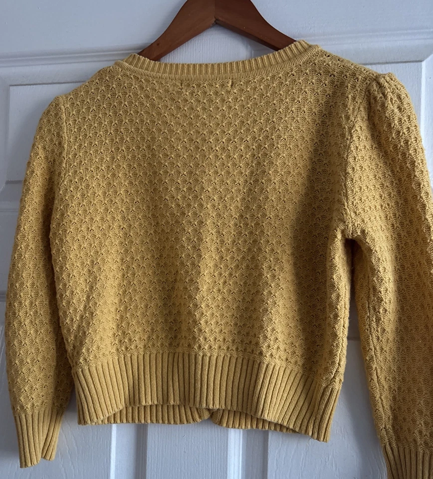 YEMAK Women's YELLOW 3/4 Sleeve V-Neck Sweater Cardigan Size SMALL 100% Cotton - Image 4 of 4