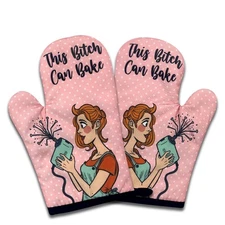 2 Pack Funny Baking Oven Mitts, This Bitch Can Bake, Retro Housewife Heat Res...