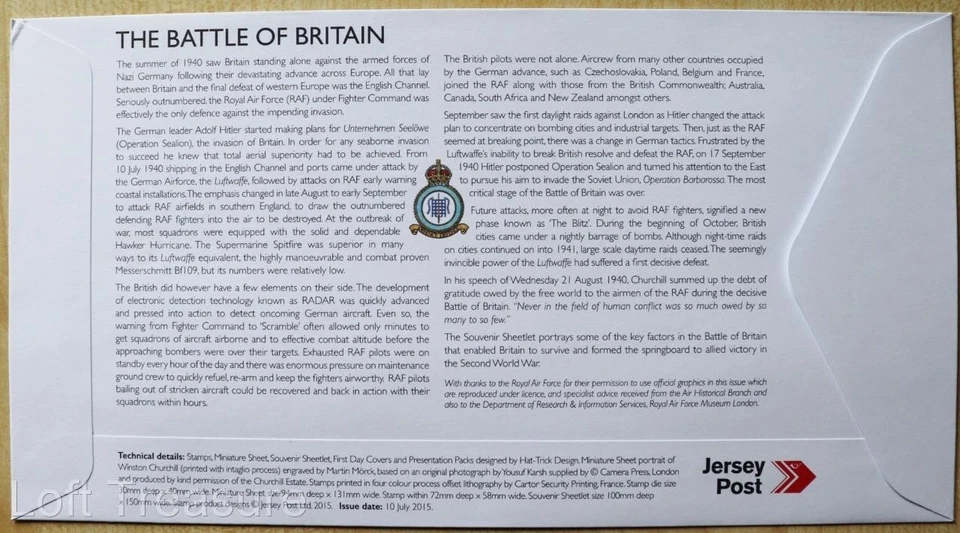 Jersey Stamps "RAF - Battle of Britain" 6v Souvenir Sheet First Day Cover 2015 - Image 3 of 3