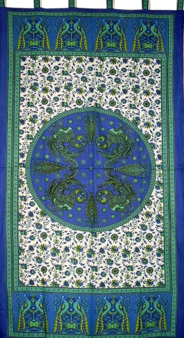 India Arts Peacocks Tab Top Curtain Drape Panel Cotton 44 Blue