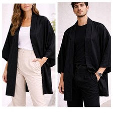 Vintage Black Silk Kimono Jacket Japanese Robe Duster Gold Lining OS Unisex