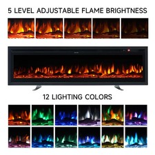 40-100in Electric Fire Media Wall Glass Fireplace LED Free Stand/Insert Mounted