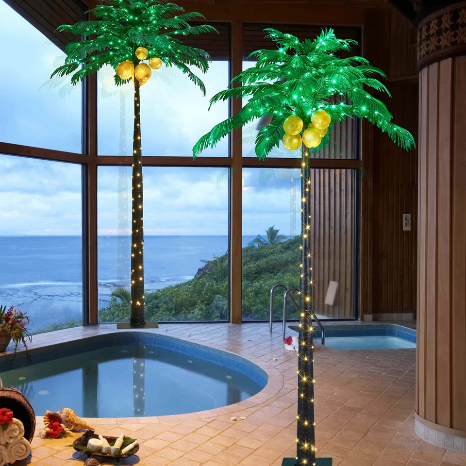 9 Feet Lighted Palm Tree - Green LED Lights on Leaves, Warm White Lights on T... - Image 3 of 4