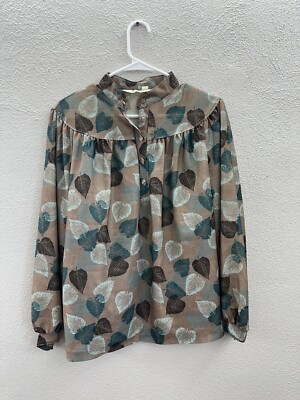 Devon Womens Blouse Size Large Long Sleeve Brown Leaf Half Button Up