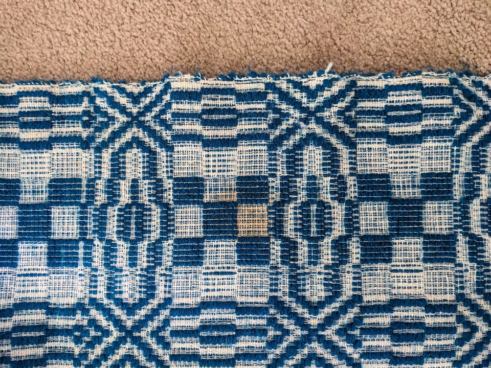 Antique American Turquoise Overshot Jacquard Coverlet Linen/Wool/177 Cm X 220 Cm - Image 3 of 4