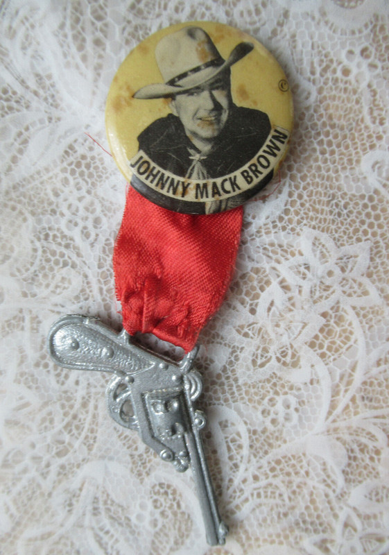 Vintage Pin Back Button Johnny Mack Brown Ribbon gun