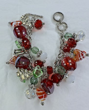 Cha Cha Bracelet Christmas Holiday Red Green Glass Hearts Silver Tree Tone 7 in