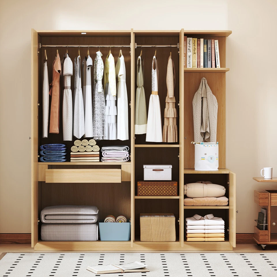 Armario 4 Puertas con Espejo, Armario de Madera Armario Almacenamiento Ropa Armario, Cajón Foto 3 de 4