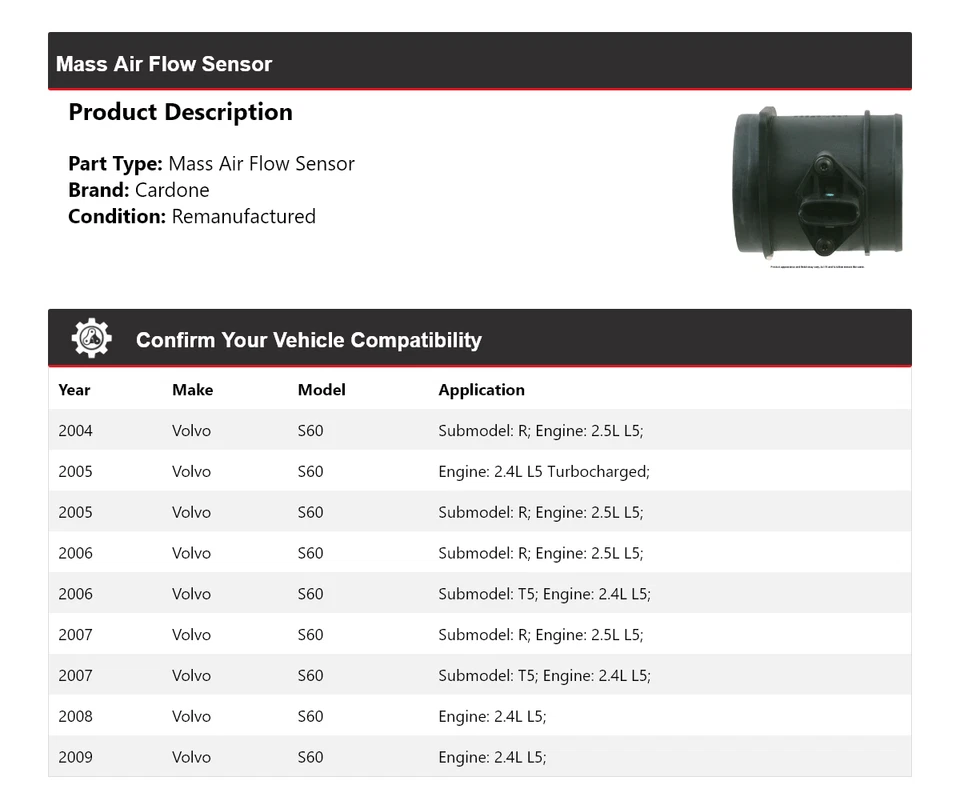 Sensor de flujo de aire masivo Cardone 2005 2006 2007 2008 Volvo S60 2004-2009 Foto 2 de 4