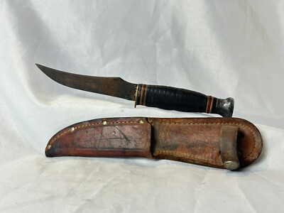 Vtg KABAR 1233 Knife Stacked Leather Handle Fixed Blade W/ BSA Leather Sheath