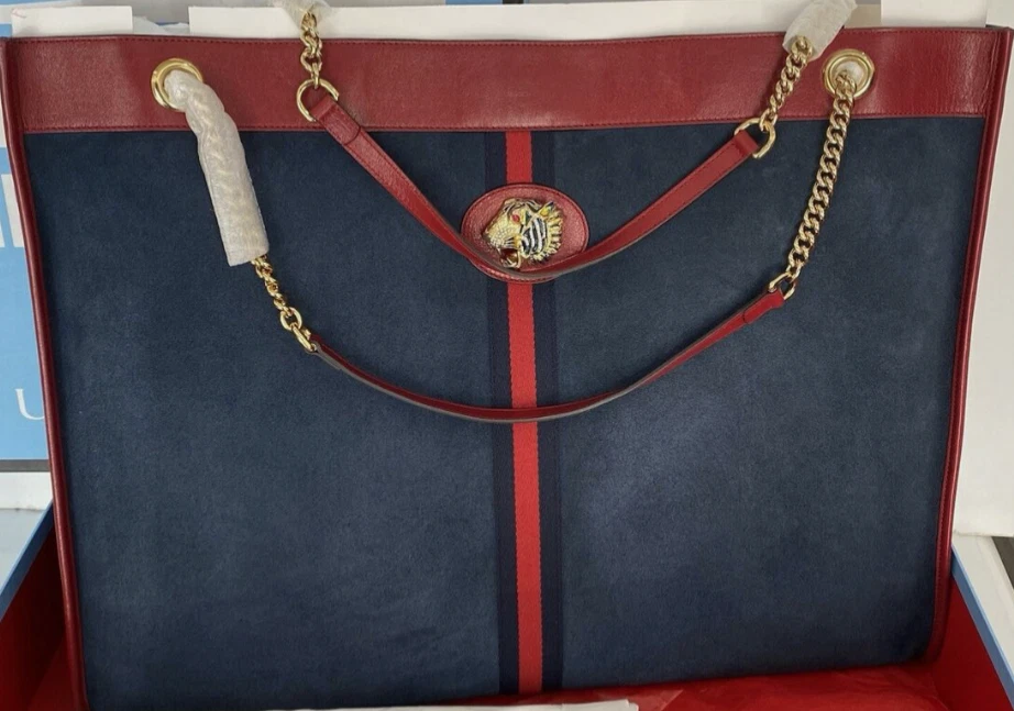 GUCCI синий замшевый макси RAJAH Tiger. Сумка-тоут на цепочке красная кожа - Изображение 2 из 4