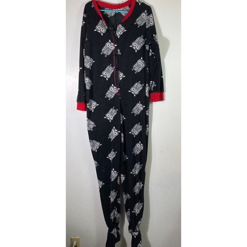 Juniors Damen-Pyjama Vlies Fuß einteilig Eule Knopf schwarz weiß rot XL 15/1