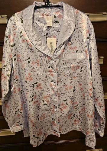 GO SOFTLY SLEEPWEAR PAJAMA TOP M BUTTON L/S LT BLUE FLORAL POLY BLEND SATIN-NWT - 第 1/11 張圖片