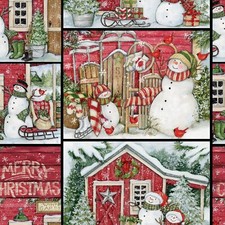MERRY CHRISTMAS HOLIDAY SANTAS LODGE SNOWMAN WINTER FABRIC 100 Cotton BTHY