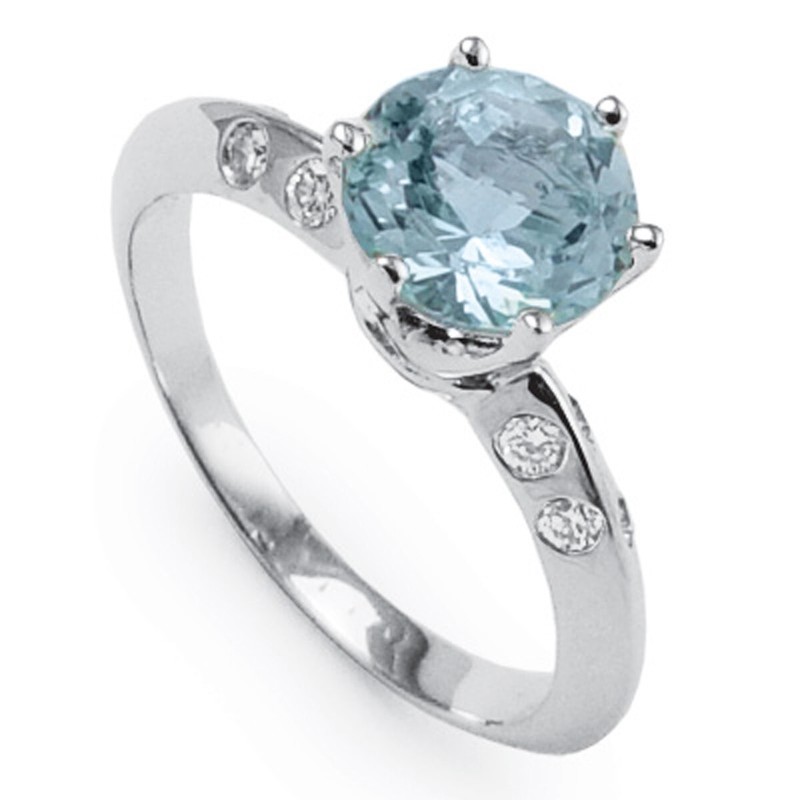Six-Prong Knife Edge Aquamarine and Diamond Ring Platinum 950 6.5 SIZE