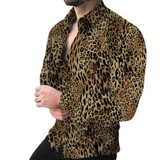 Button Up Shirts Leopard Graphic Print Men Casual Party Brown Long Sleeve Trendy