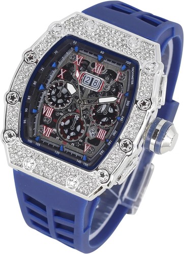 Watch Bling Gold Plated Iced Icy Simulated Diamond Date Silicone Band Hip Hop - Picture 27 of 28