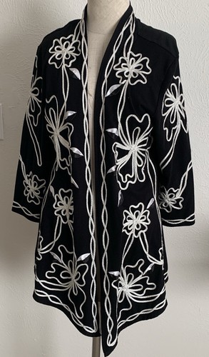 Lauren Michelle Open Front Black Rope Appliqué Cardigan Sweater Women Small