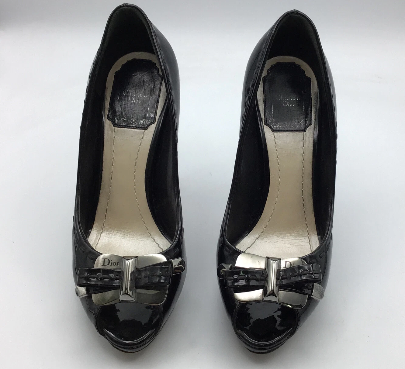 Escarpins Dior cuir verni noir bout ouvert nœud taille 35,5 avec boite d'origine
