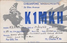 amateur ham radio QSL postcard K1MKH Charles F Bir 1962 Chelmsford Massachusetts