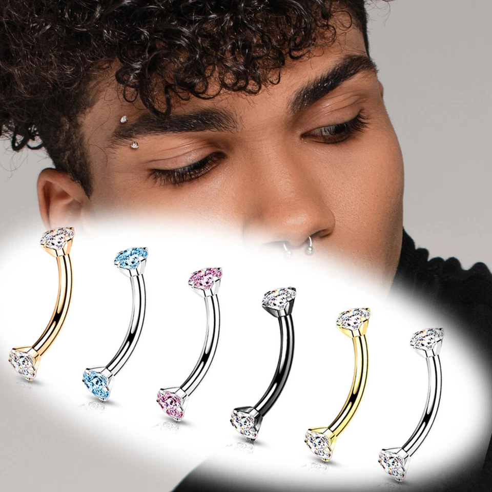 G23 Titanio Sólido 16G Anillo para Cejas Barra Curvada Juego de Puntas Circonita Gema de Cristal 8mm Foto 2 de 4