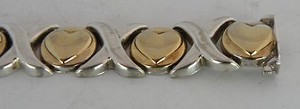 Authentic Vintage fine sterling silver link bracelet, gold plated hearts 7.5" long