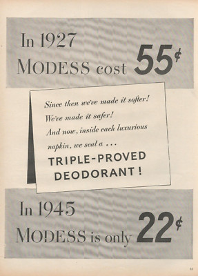 1945 Modess Napkins Triple Proved Deodorant Cost Lest Tan 1927 Vintage Print Ad