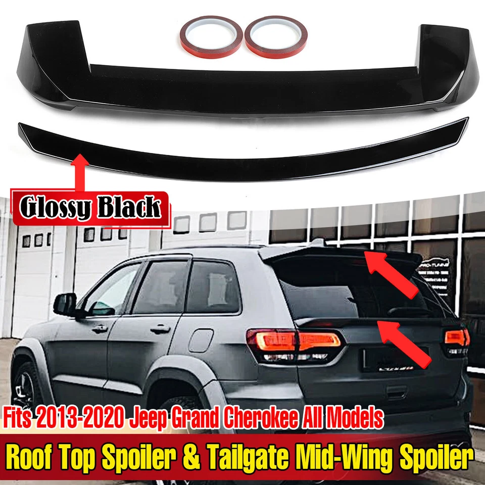 For 2013-2021 Jeep Grand Cherokee R Style Rear Roof Spoiler + Tail Gate Mid Wing - Image 2 of 4