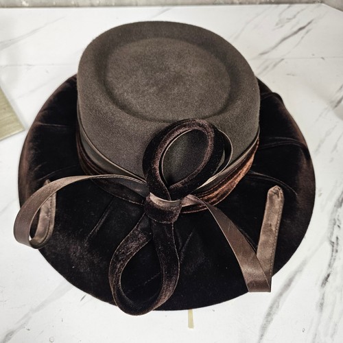 Sarasota by August Brown Wool Felt Hat Wide Brim Velvet Ribbon Bow Elegant Derby - Picture 11 of 13
