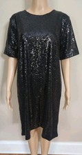 GAP Women's Dress Size Large Black Sequin Mini Shift Short Sleeves