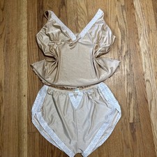 Vintage Beige Nylon Pajama Set Cami Shorts Cottagecore Medium M Fairy Coquette