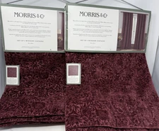 Morris & Co Strawberry Thief Velvet Jacquard Drapes 38x84 Set of 4~ Burgundy~