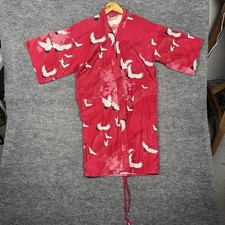 Vintage Japanese Style Crane Kimono Robe Red Floral Cotton Yukata Haori Womens