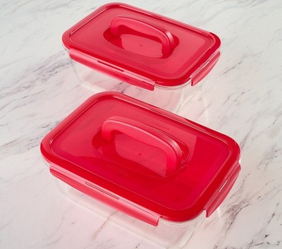 LocknLock Set of 2 Deep Glass Rectangle Baker w/ Handle Lids K90928 RED NEW